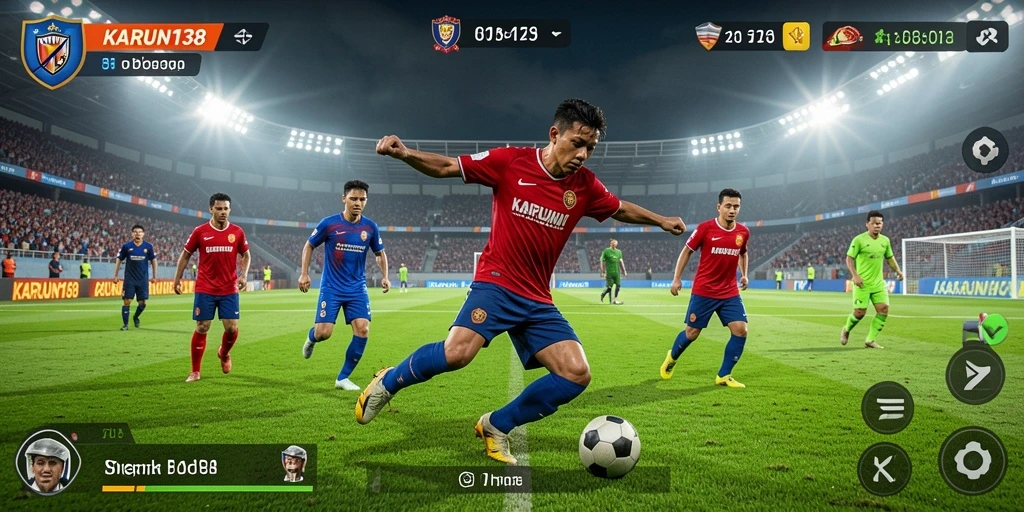 Screenshot permainan KARUN138 menampilkan pertandingan sepak bola yang intens.