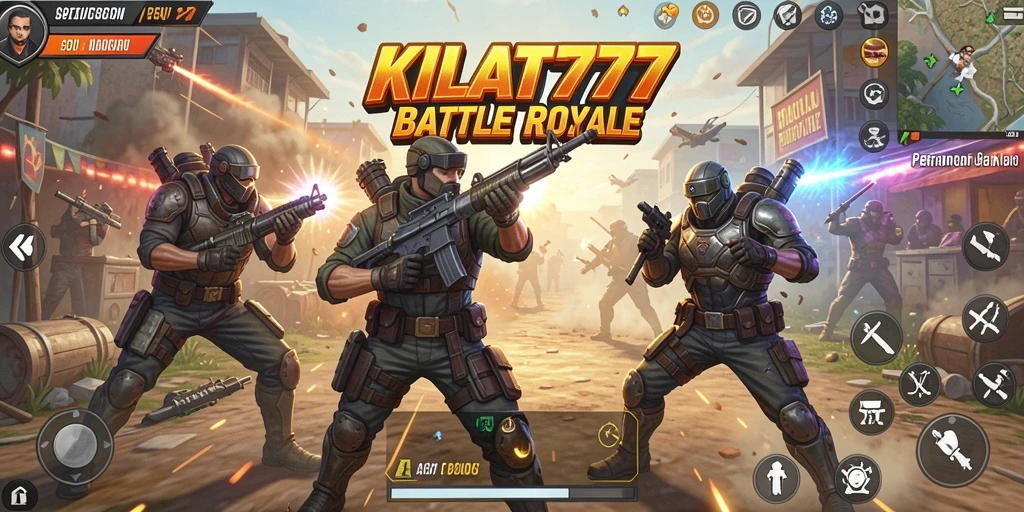 Screenshot KILAT777 menampilkan aksi pertempuran intens di peta Battle Royale.