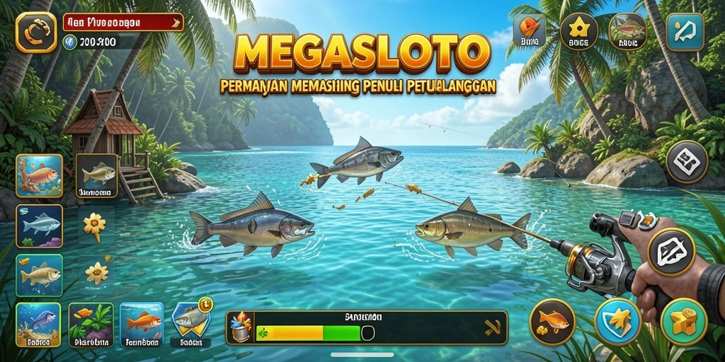 Tampilan menarik dari gameplay MEGASLOTO yang menampilkan momen menangkap ikan.